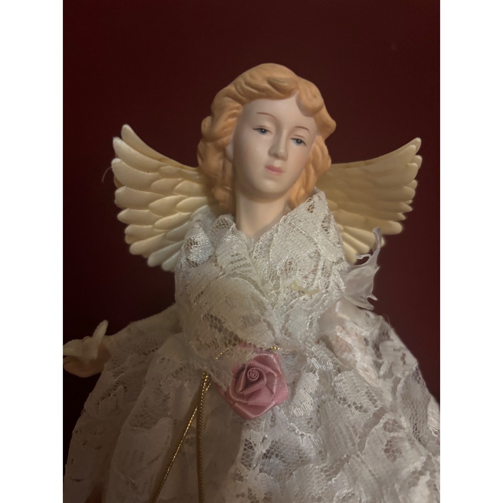 Vintage Lace Christmas Angel Tree Topper Porcelain Face Wings 10 Inch Repair
